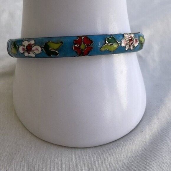 Vintage Cloisonne Women’s bangle Bracelet Light Blue Turquoise color floral 7.5” - Picture 2 of 14